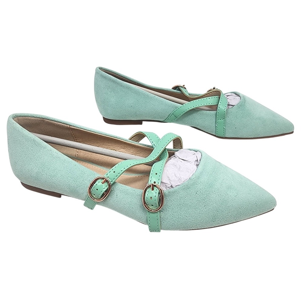 Mint Green Pointed Toe Mary Jane Flats Double Buckle Straps Womens Size 5 NEW